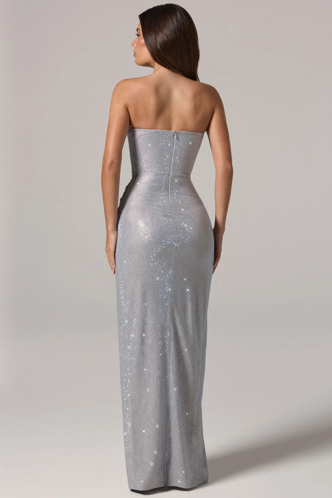 Elegant Sheath Strapless High Slit Ruched Silver Floor-Length Prom Dress