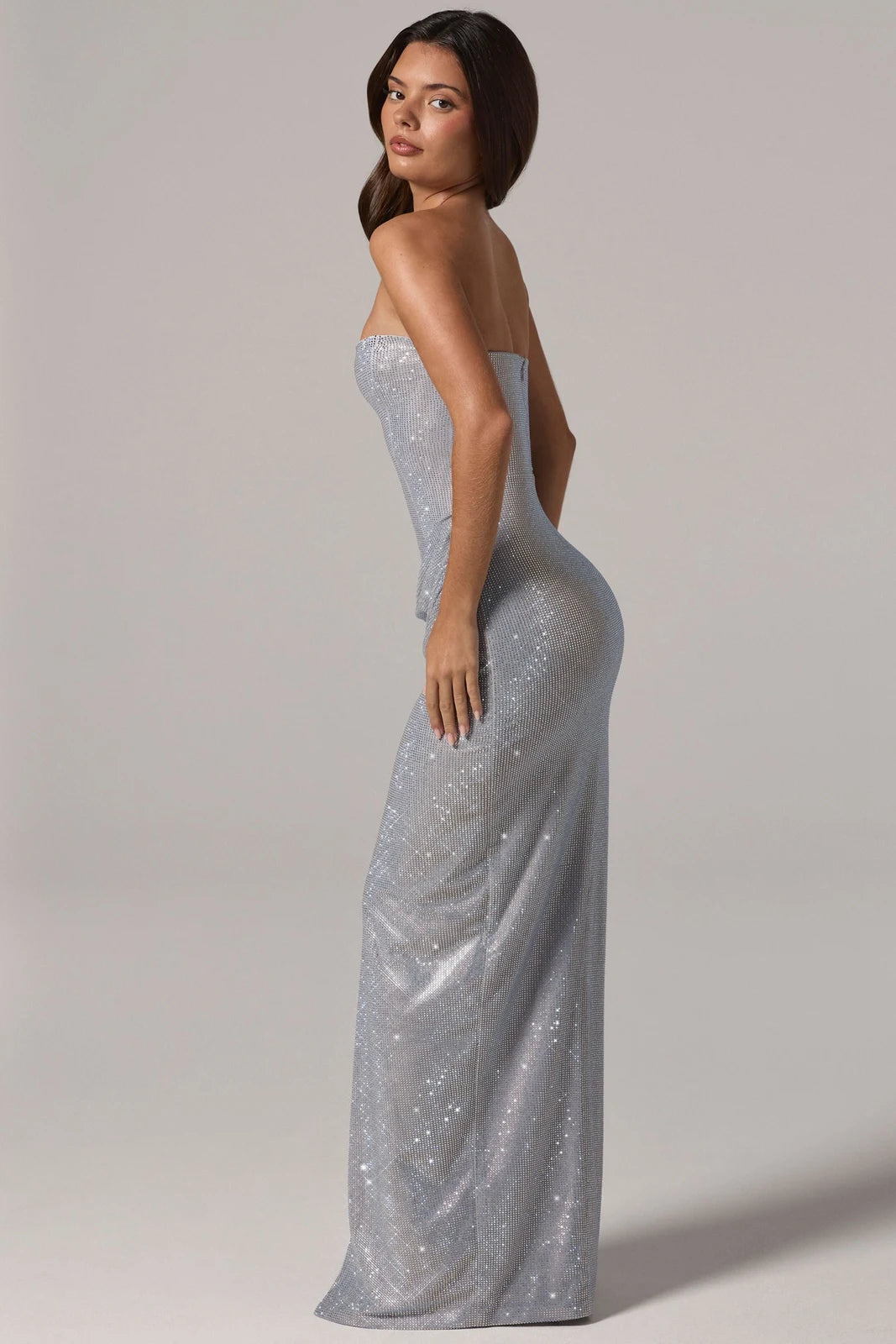 Elegant Sheath Strapless High Slit Ruched Silver Floor-Length Prom Dress