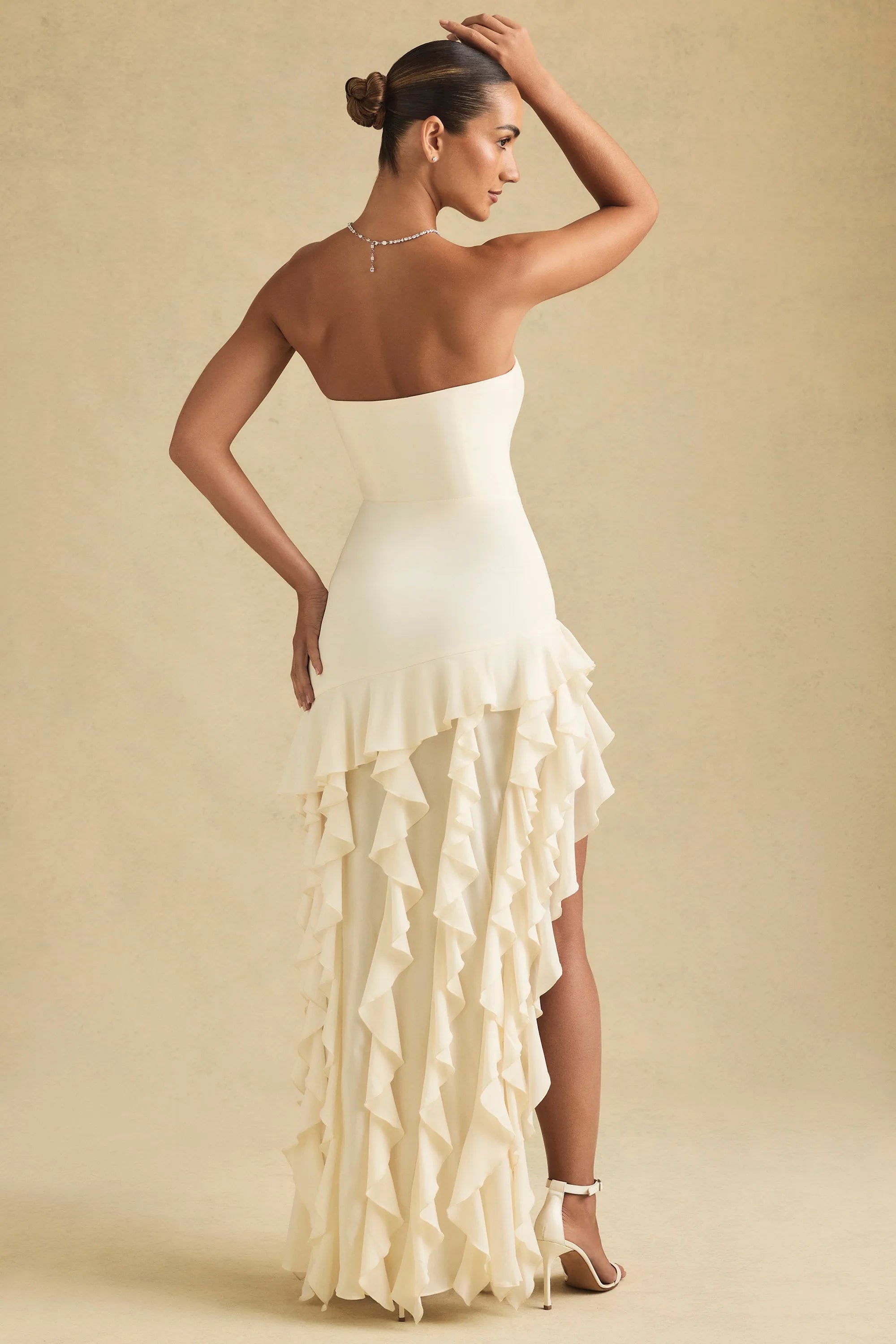 Elegant Sheath Strapless Ruffled Dramatic Cream High-Low Prom Dress Gown