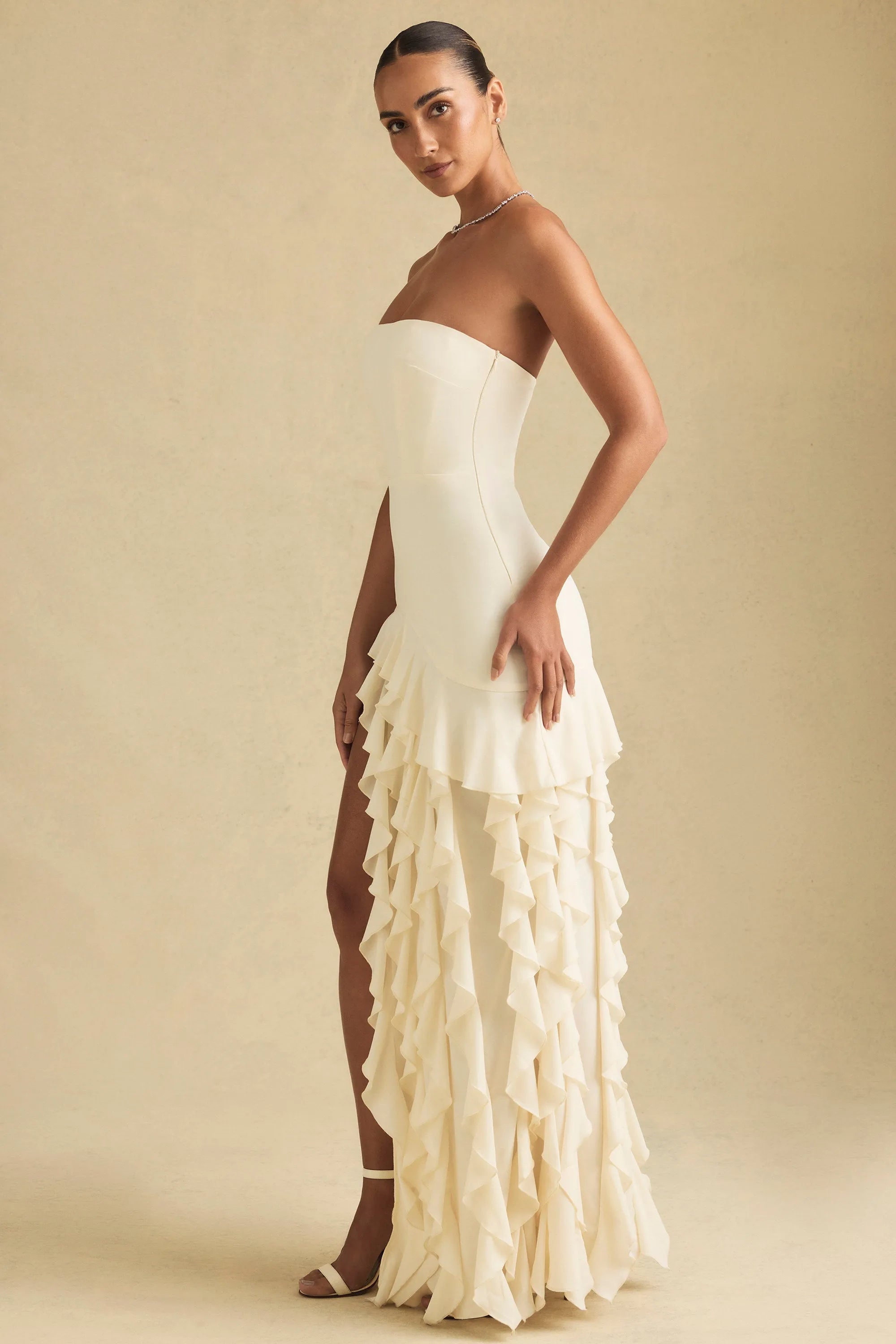 Elegant Sheath Strapless Ruffled Dramatic Cream High-Low Prom Dress Gown