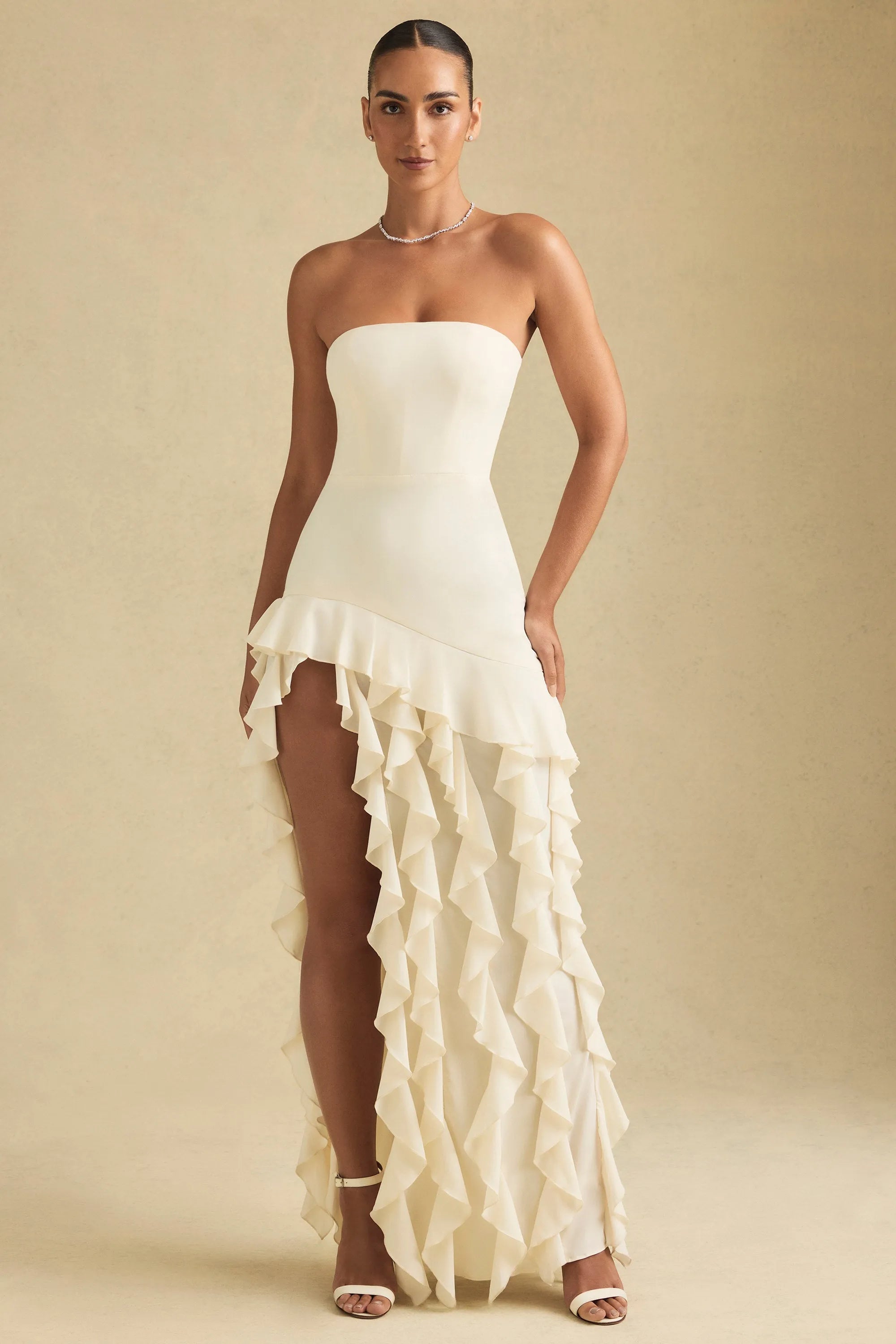 Elegant Sheath Strapless Ruffled Dramatic Cream High-Low Prom Dress Gown