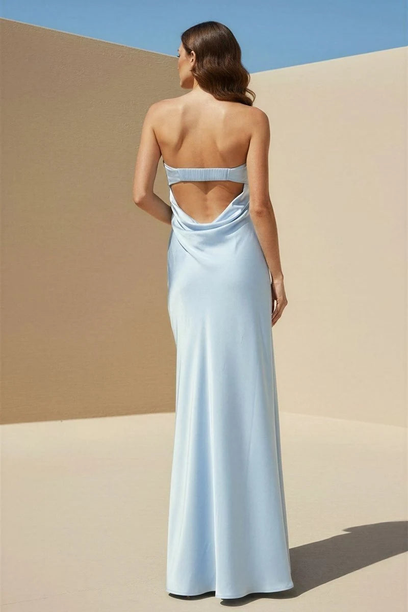 Elegant Sheath Strapless Sleeveless Backless Draped Blue Long Prom Dresses Women