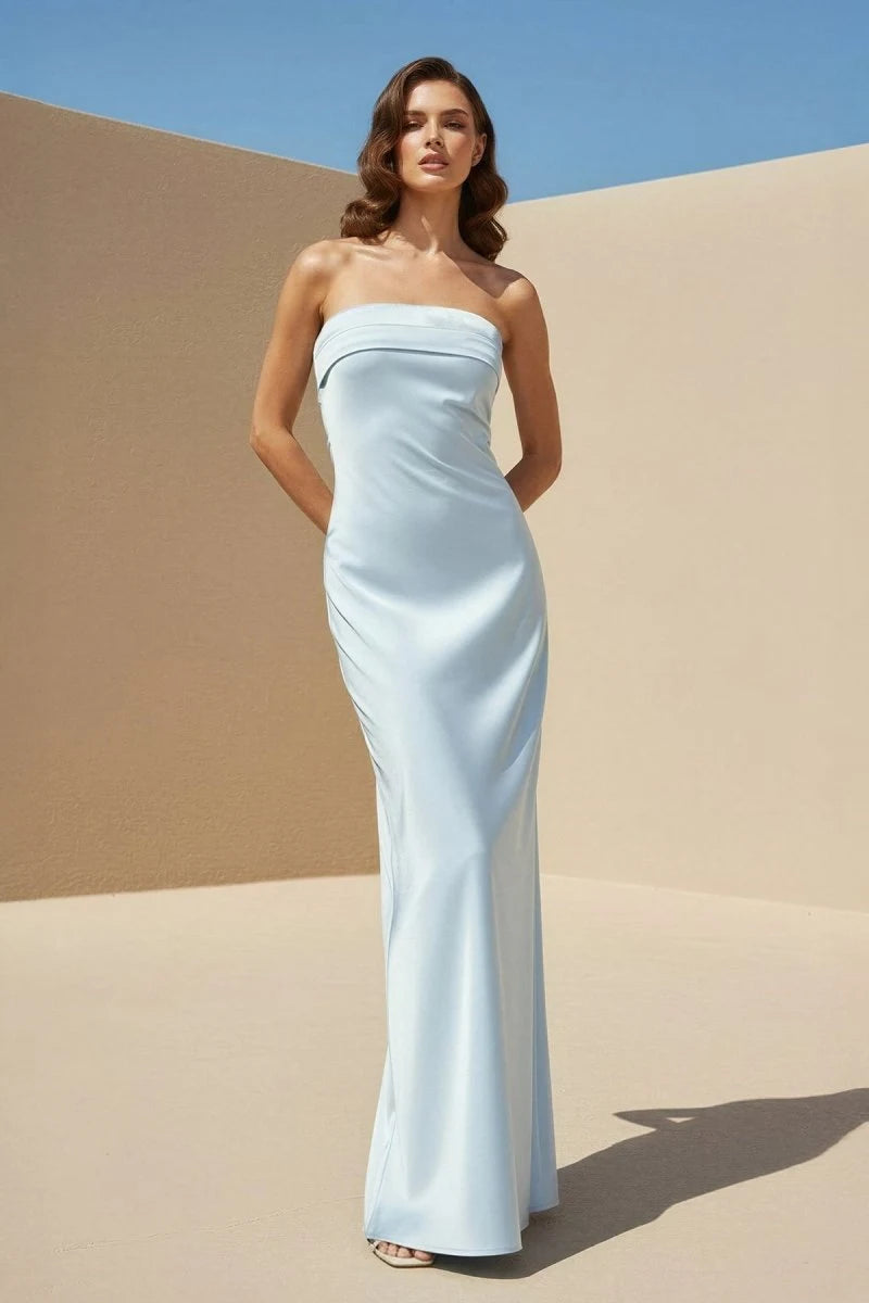 Elegant Sheath Strapless Sleeveless Backless Draped Blue Long Prom Dresses Women