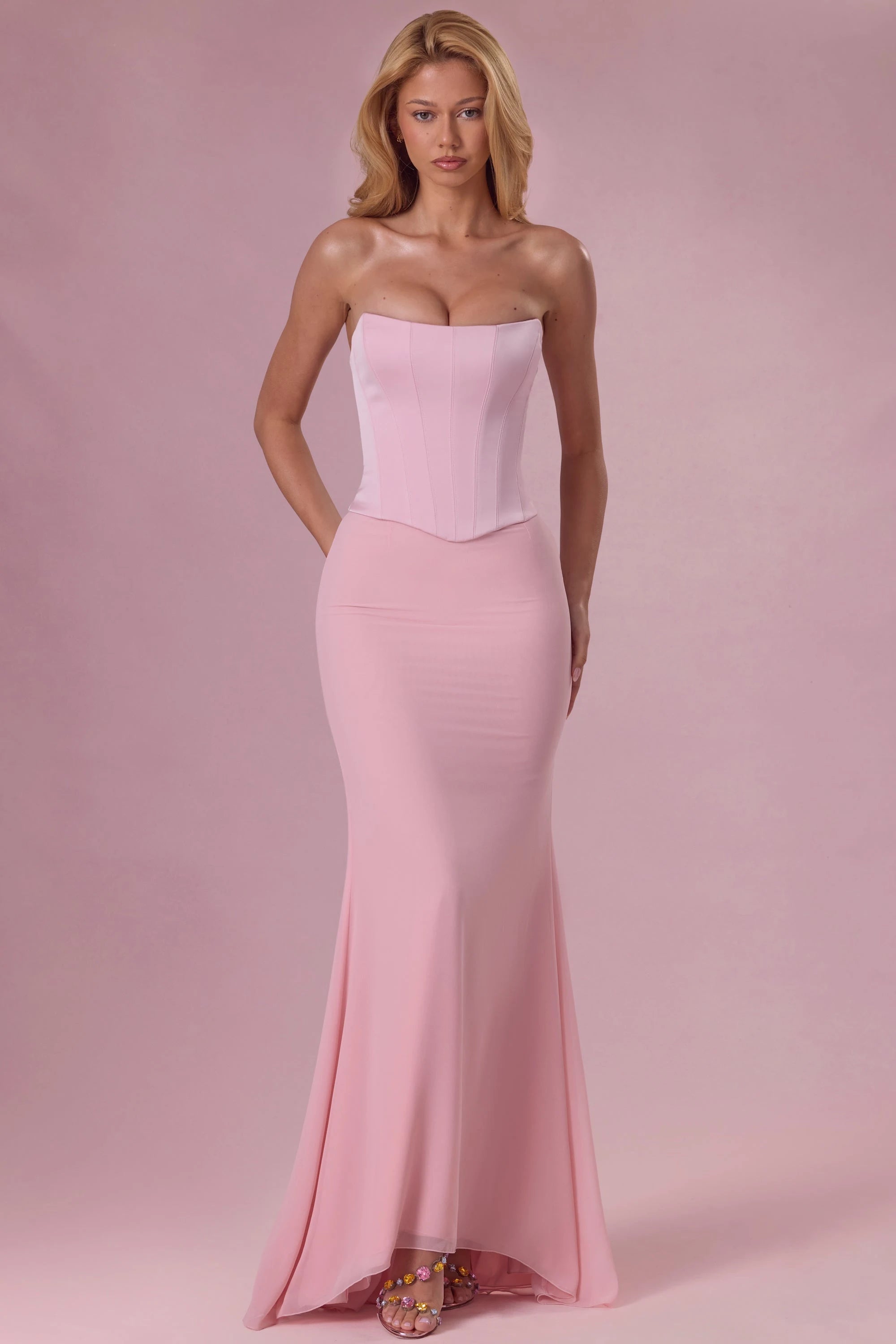 Elegant Sheath Strapless Sleeveless Corset Back Pink Floor-Length Prom Dress Women's Gown