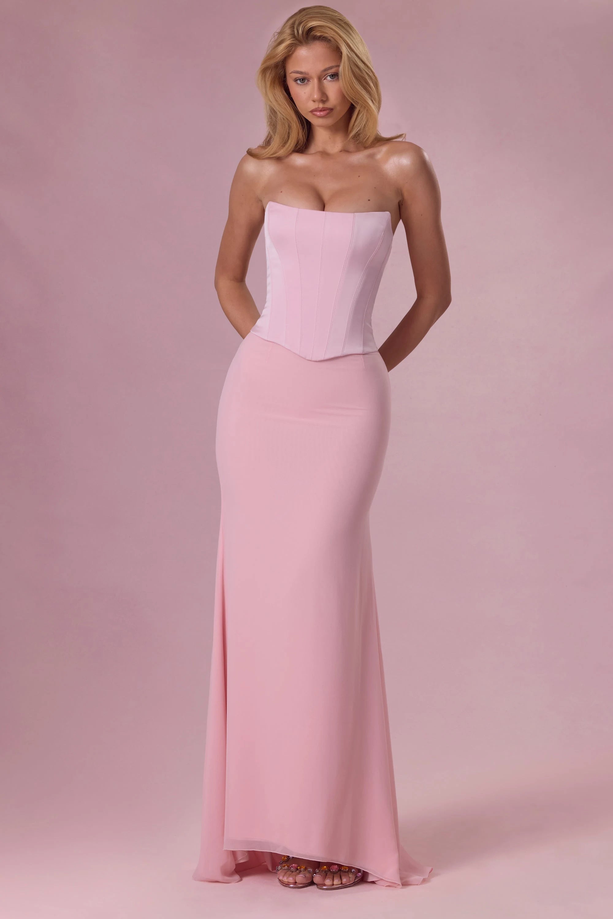 Elegant Sheath Strapless Sleeveless Corset Back Pink Floor-Length Prom Dress Women's Gown