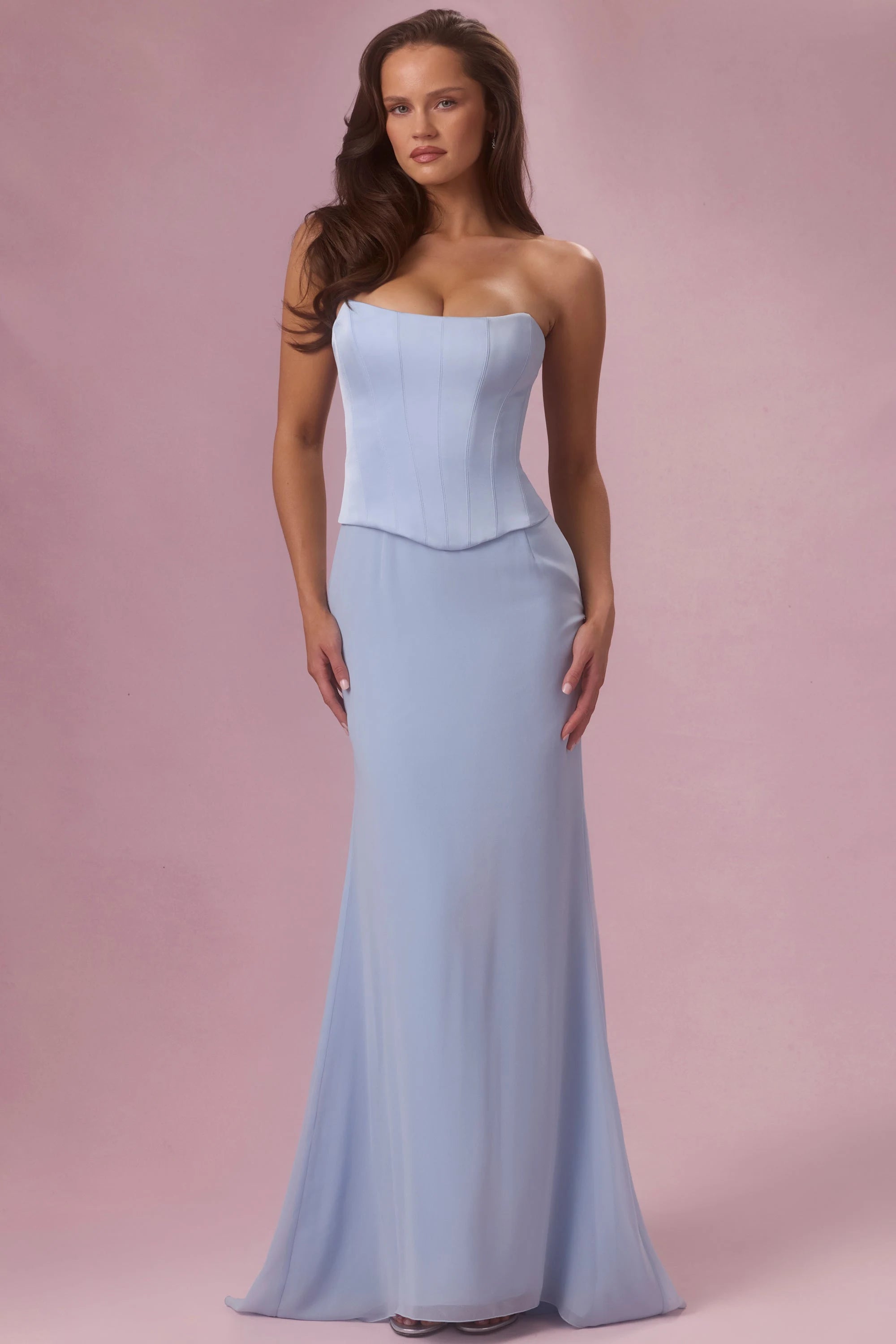Elegant Sheath Strapless Sleeveless Corset Lace-Up Periwinkle Blue Floor-Length Prom Dresses Women's Gown