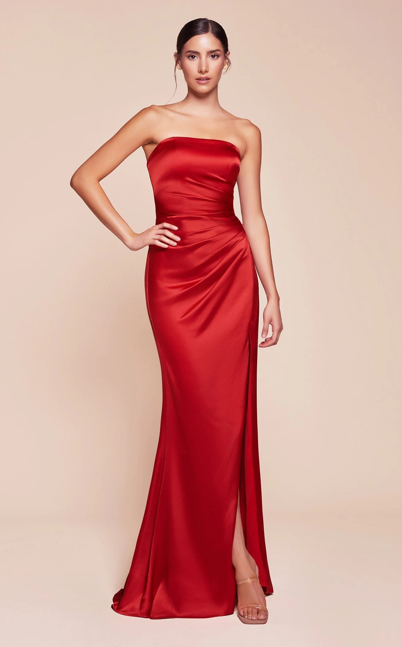 Elegant Sheath Strapless Sleeveless Draped Slit Red Floor-Length Prom Dresses Women's Gown