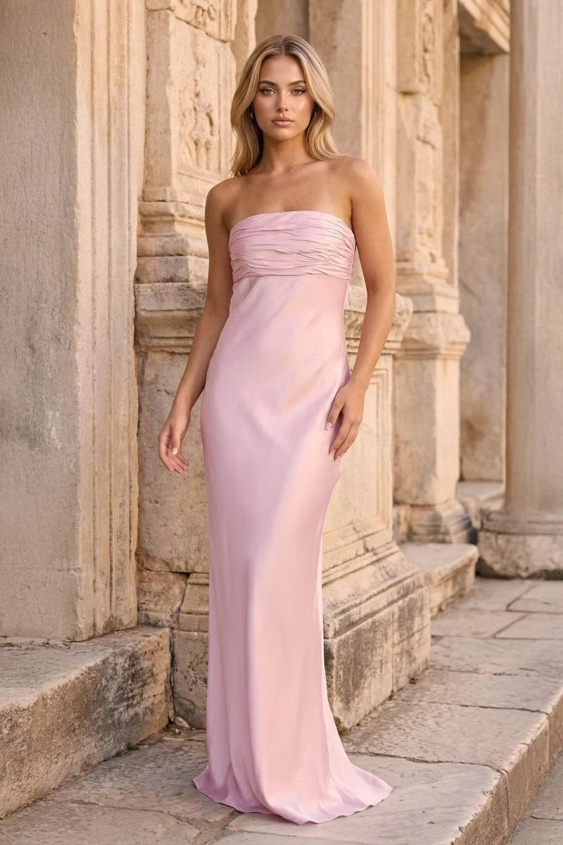 Elegant Sheath Strapless Sleeveless Ruched Corset Pink Maxi Prom Dresses Women