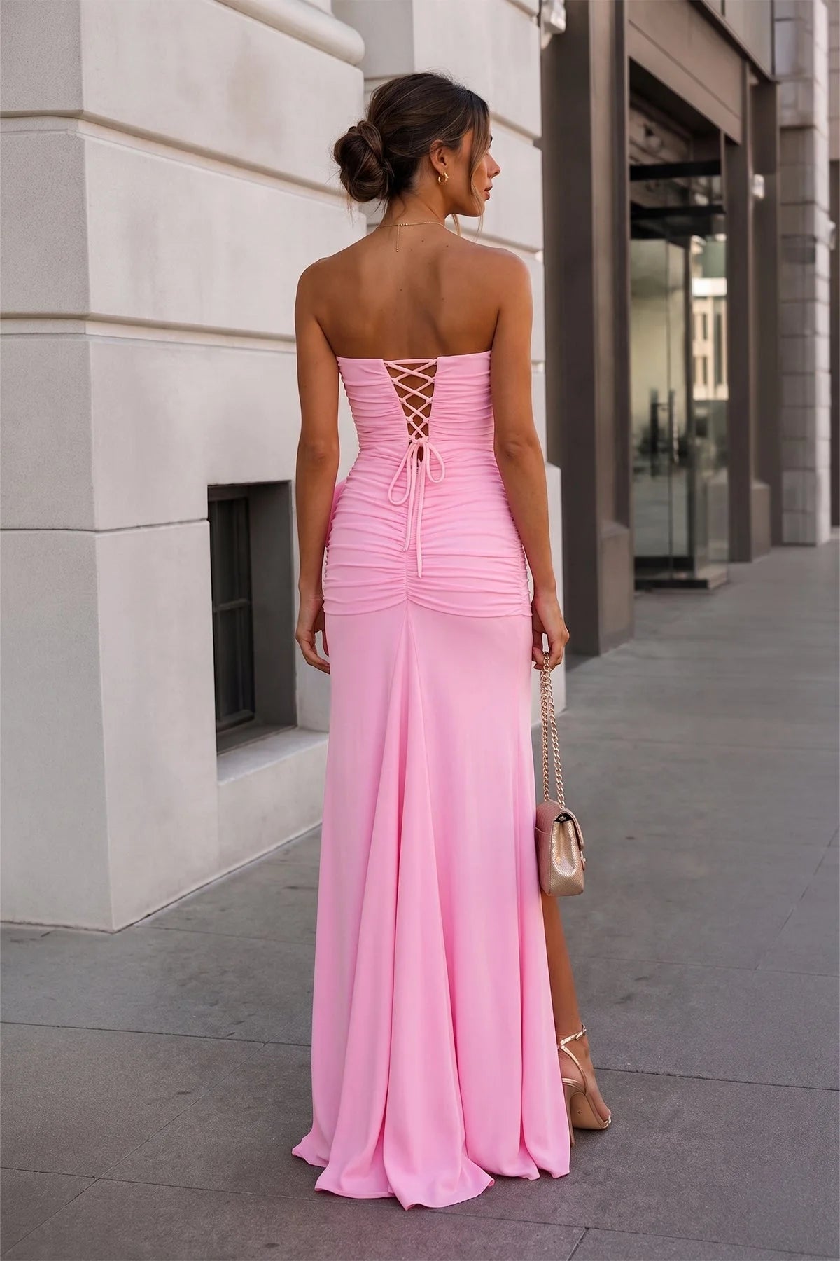 Elegant Sheath Strapless Sleeveless Ruched Rosette Pink Maxi Prom Dresses Women