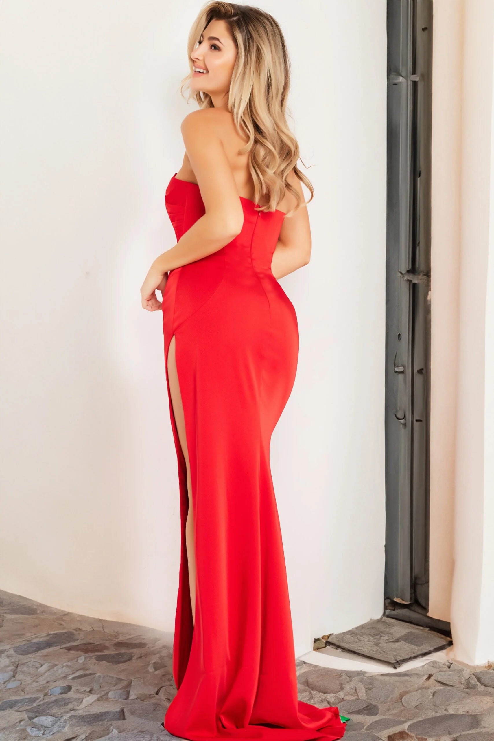 Elegant Sheath Strapless Sleeveless Ruched Slit Red Floor-Length Prom Dresses Women's Gown