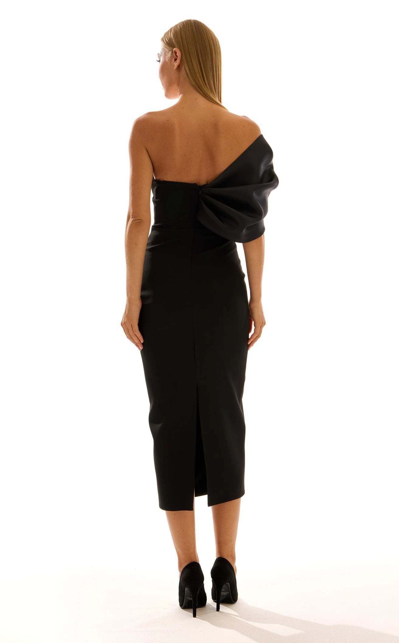Elegant Sheath Strapless Sleeveless Sculptural Bow Black Midi Prom Dress for Women