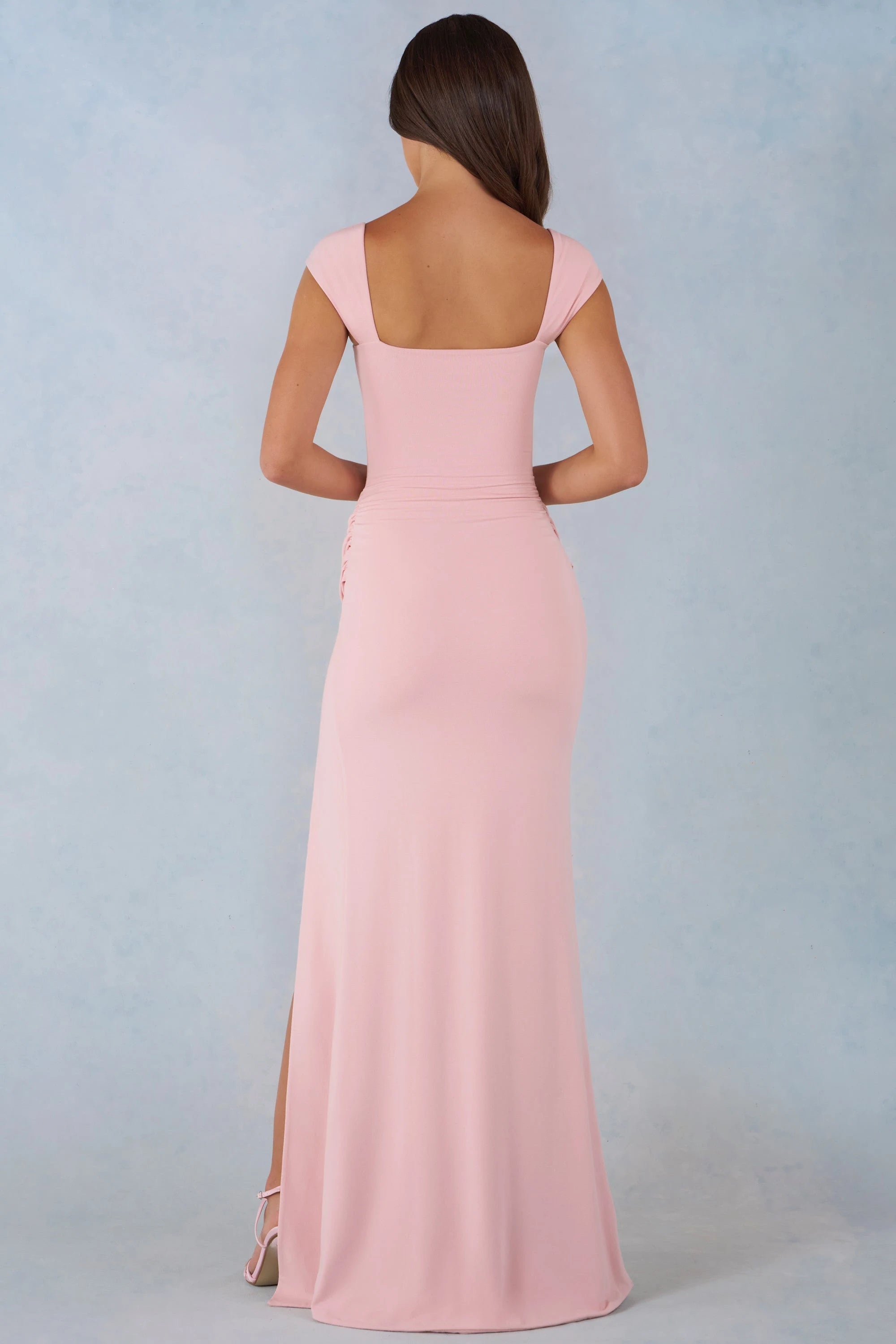 Elegant Sheath Sweetheart Cap Sleeve Ruched Slit Pink Floor-Length Prom Dress Gown