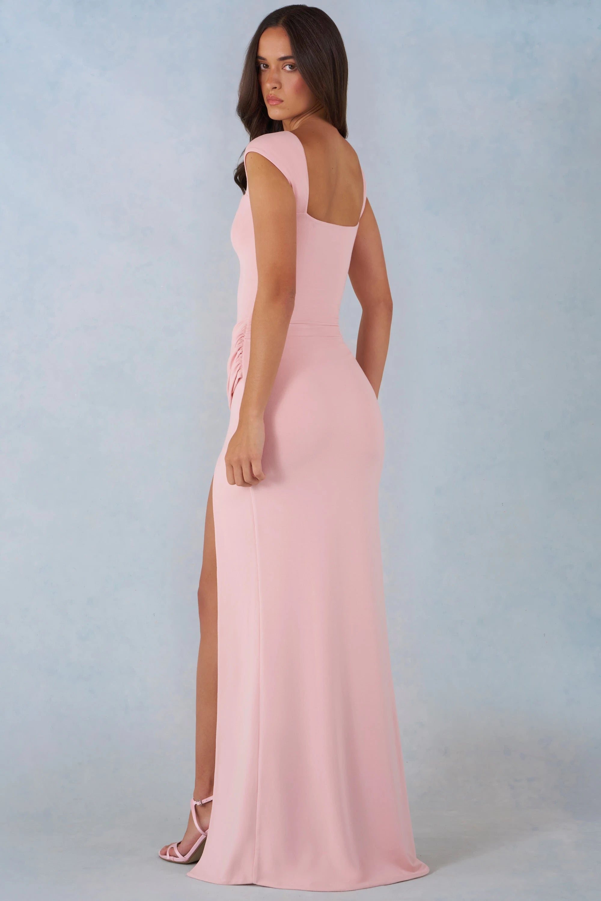 Elegant Sheath Sweetheart Cap Sleeve Ruched Slit Pink Floor-Length Prom Dress Gown