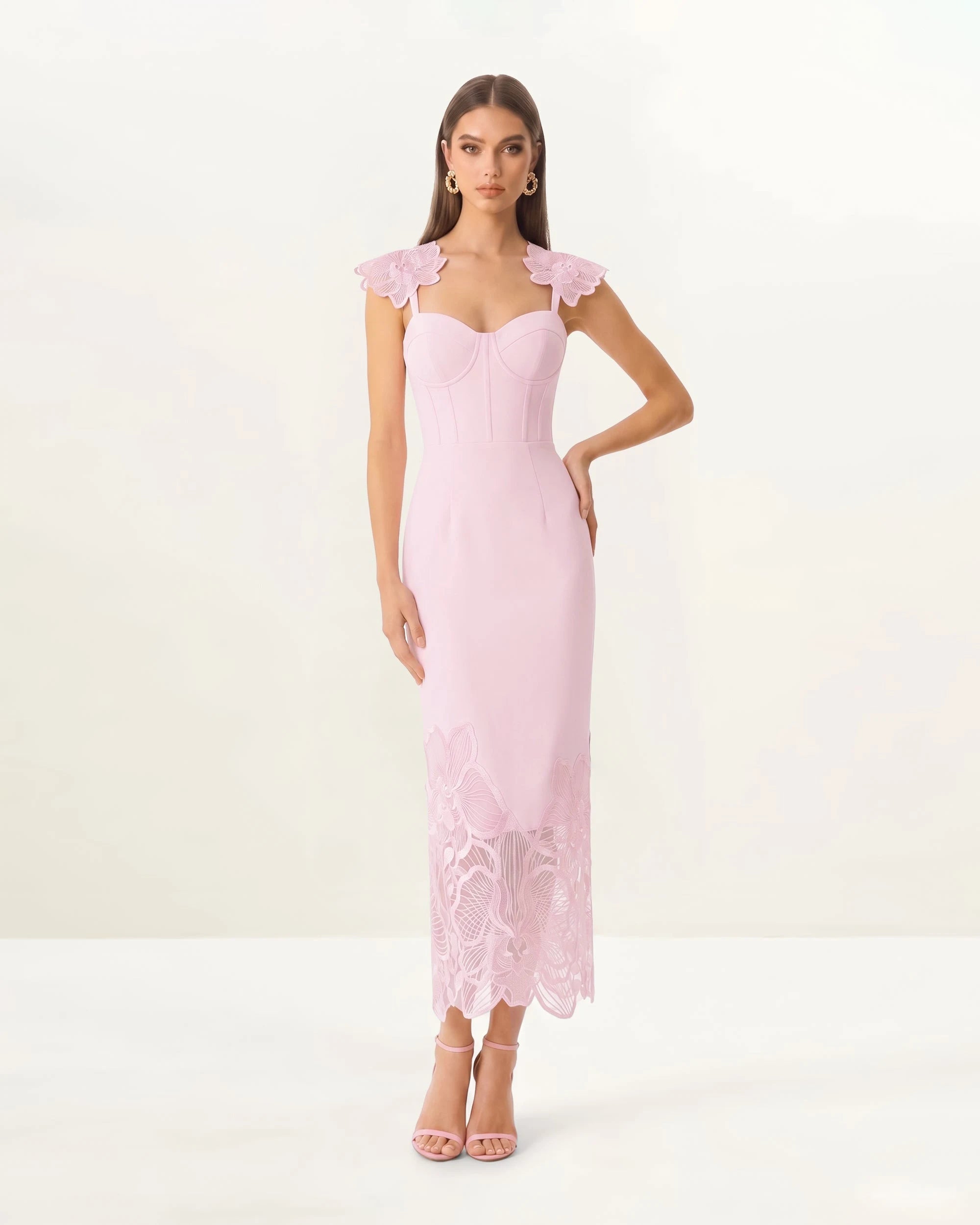Elegant Sheath Sweetheart Floral Applique Pastel Pink Midi Prom Dresses Gown