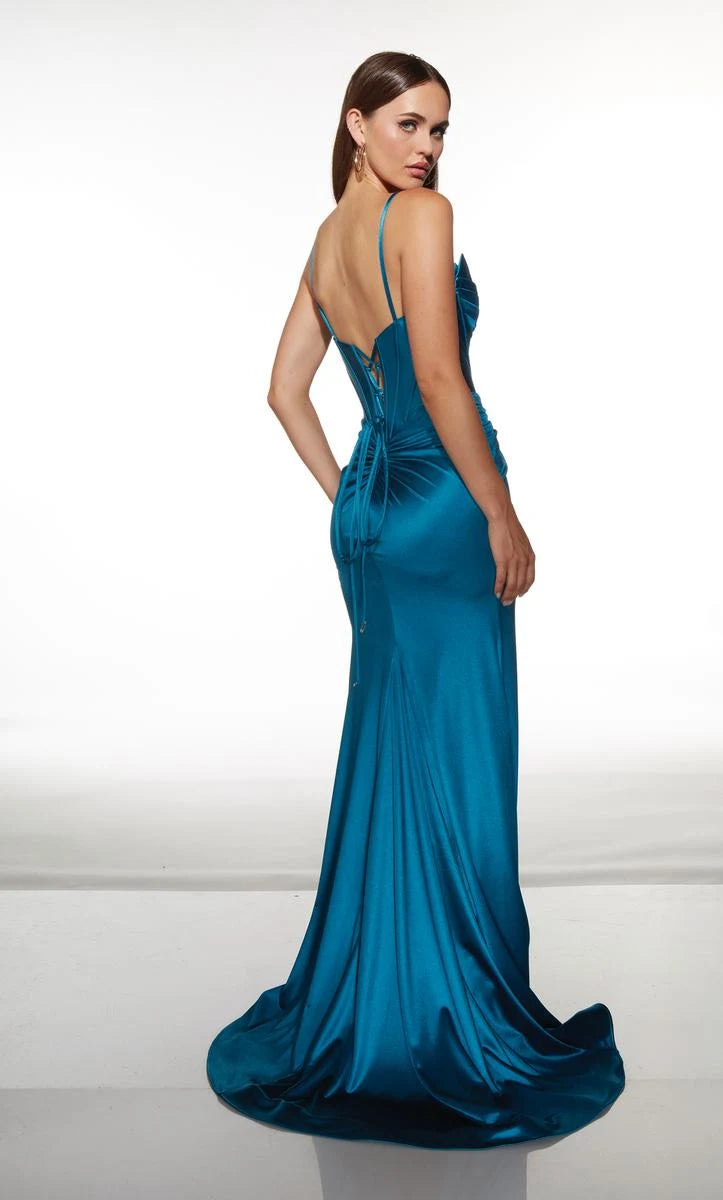 Elegant Sheath Sweetheart High Slit Ruched Teal Floor-Length Prom Dress Gown