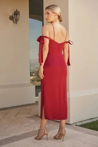 Elegant Sheath Sweetheart Off-Shoulder Bow-Tie Slit Burgundy Midi Prom Dress