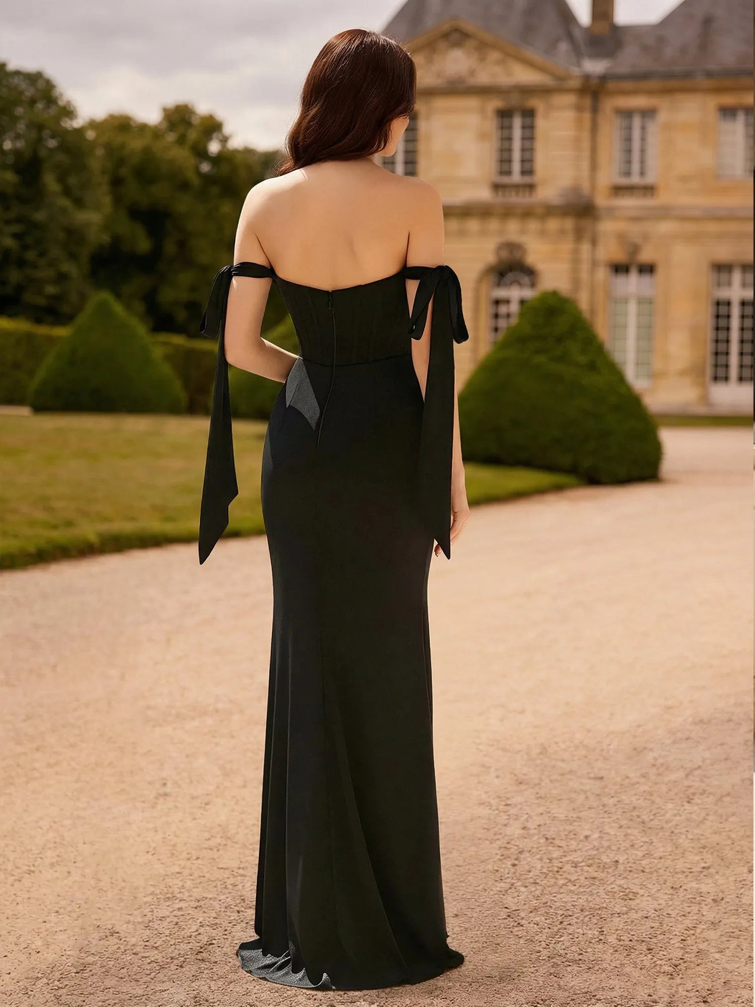 Elegant Sheath Sweetheart Off-Shoulder High Slit Black Floor-Length Prom Dress