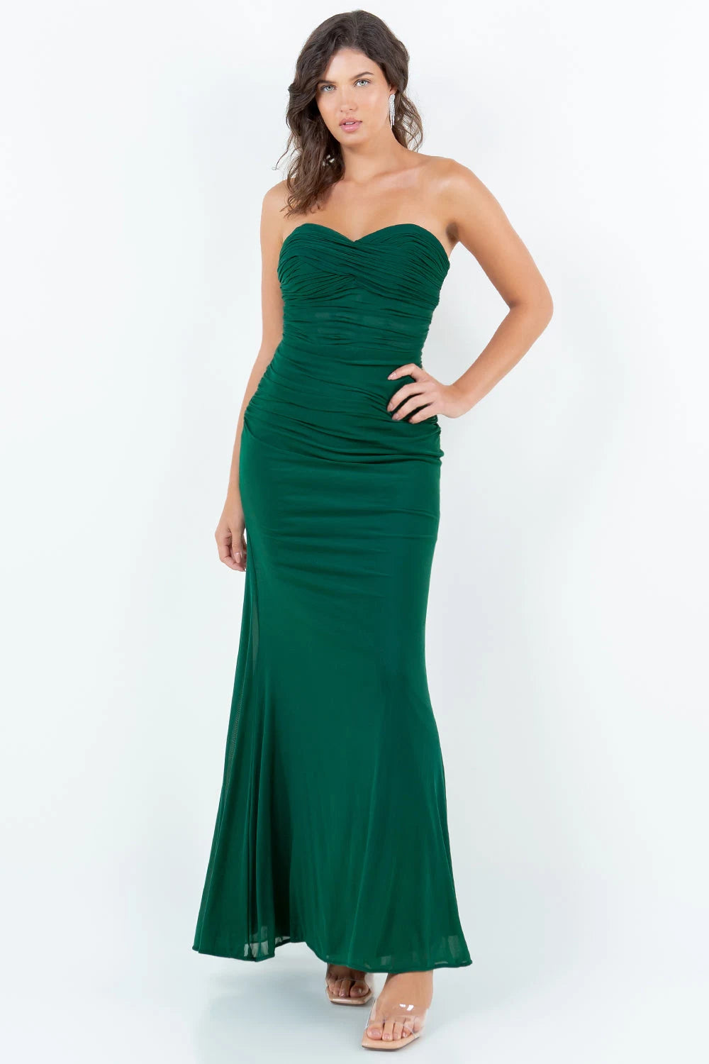 Elegant Sheath Sweetheart Ruched Strapless Emerald Green Floor-Length Prom Gown