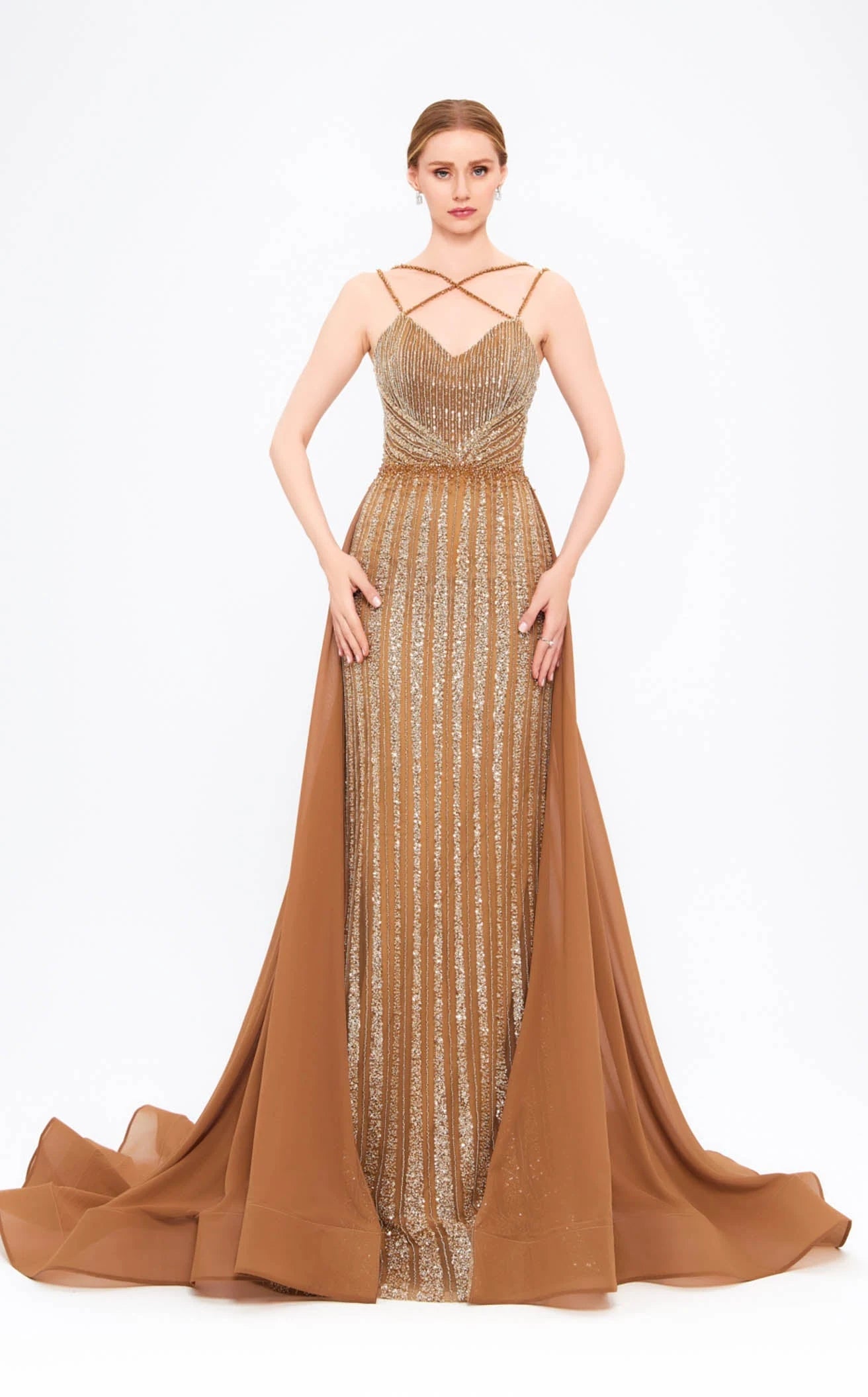 Elegant Sheath Sweetheart Sleeveless Beaded Dazzling Bronze Floor-Length Prom Dresses Women's Gown