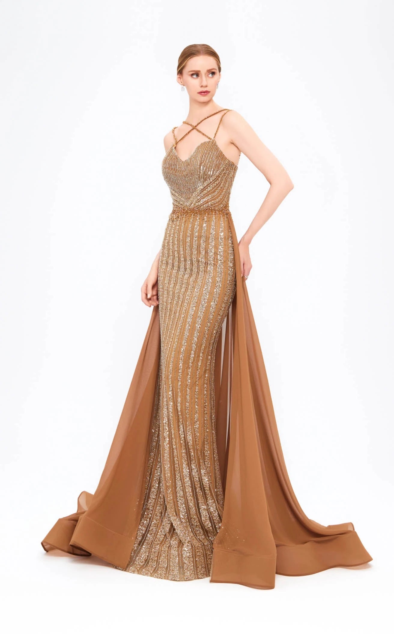 Elegant Sheath Sweetheart Sleeveless Beaded Dazzling Bronze Floor-Length Prom Dresses Women's Gown