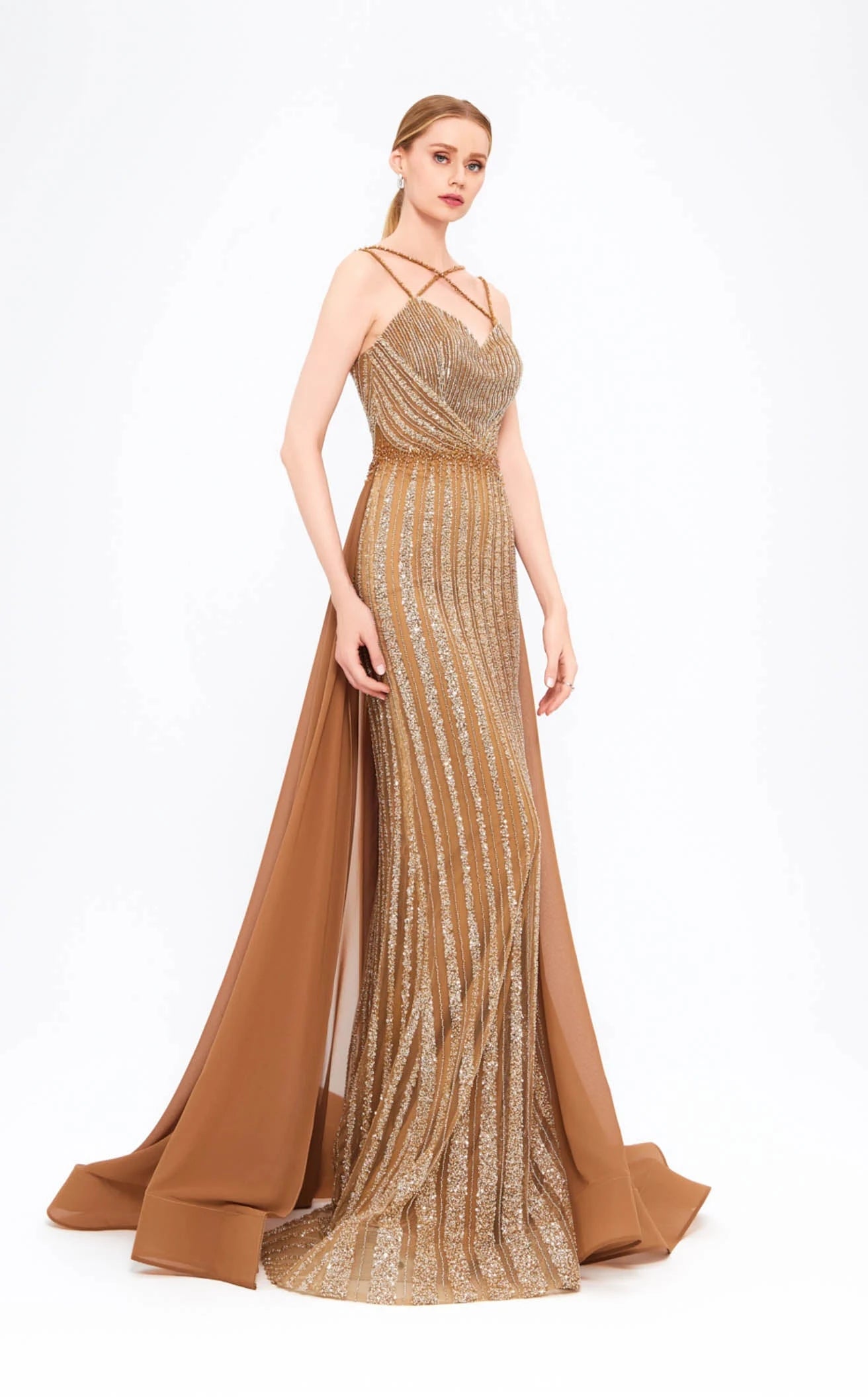 Elegant Sheath Sweetheart Sleeveless Beaded Dazzling Bronze Floor-Length Prom Dresses Women's Gown