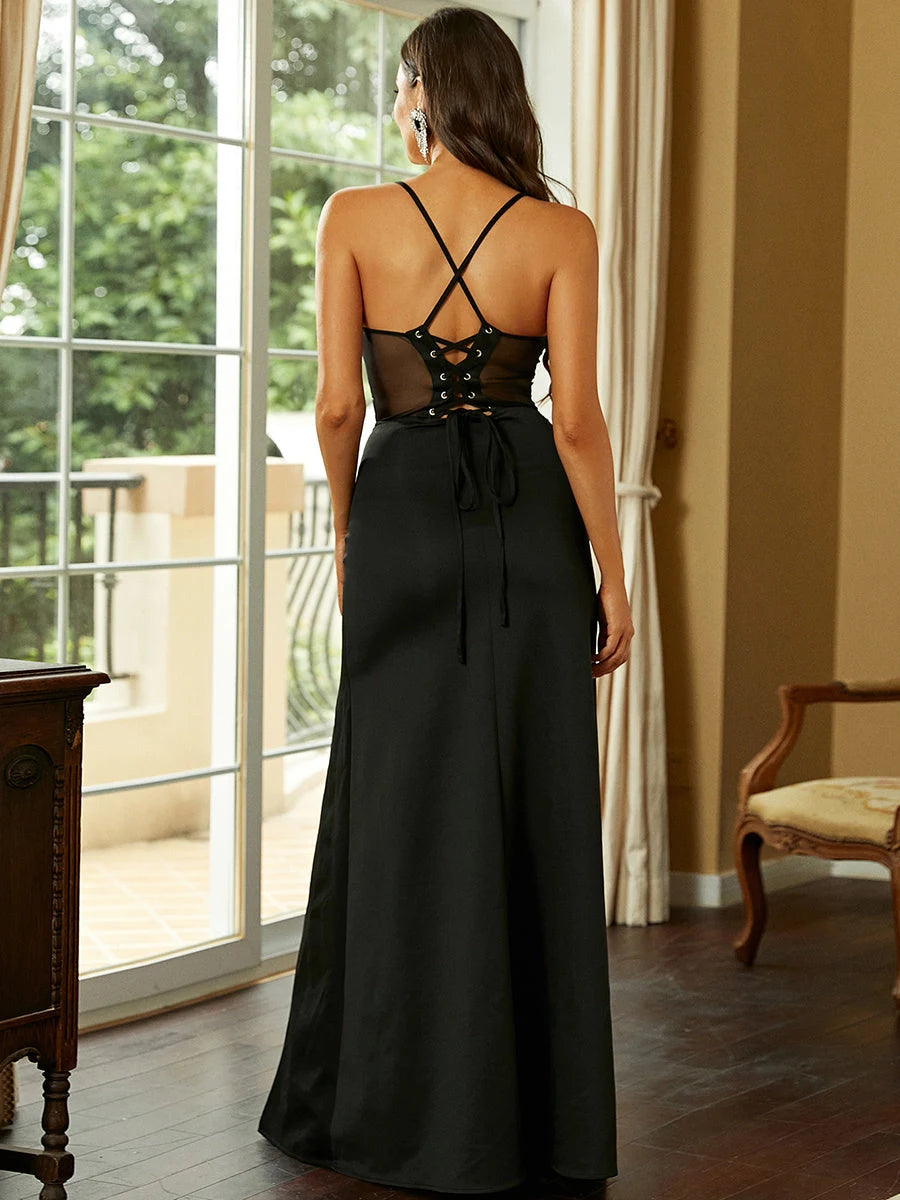 Elegant Sheath Sweetheart Sleeveless Corset Slit Black Floor-Length Prom Dress Women's