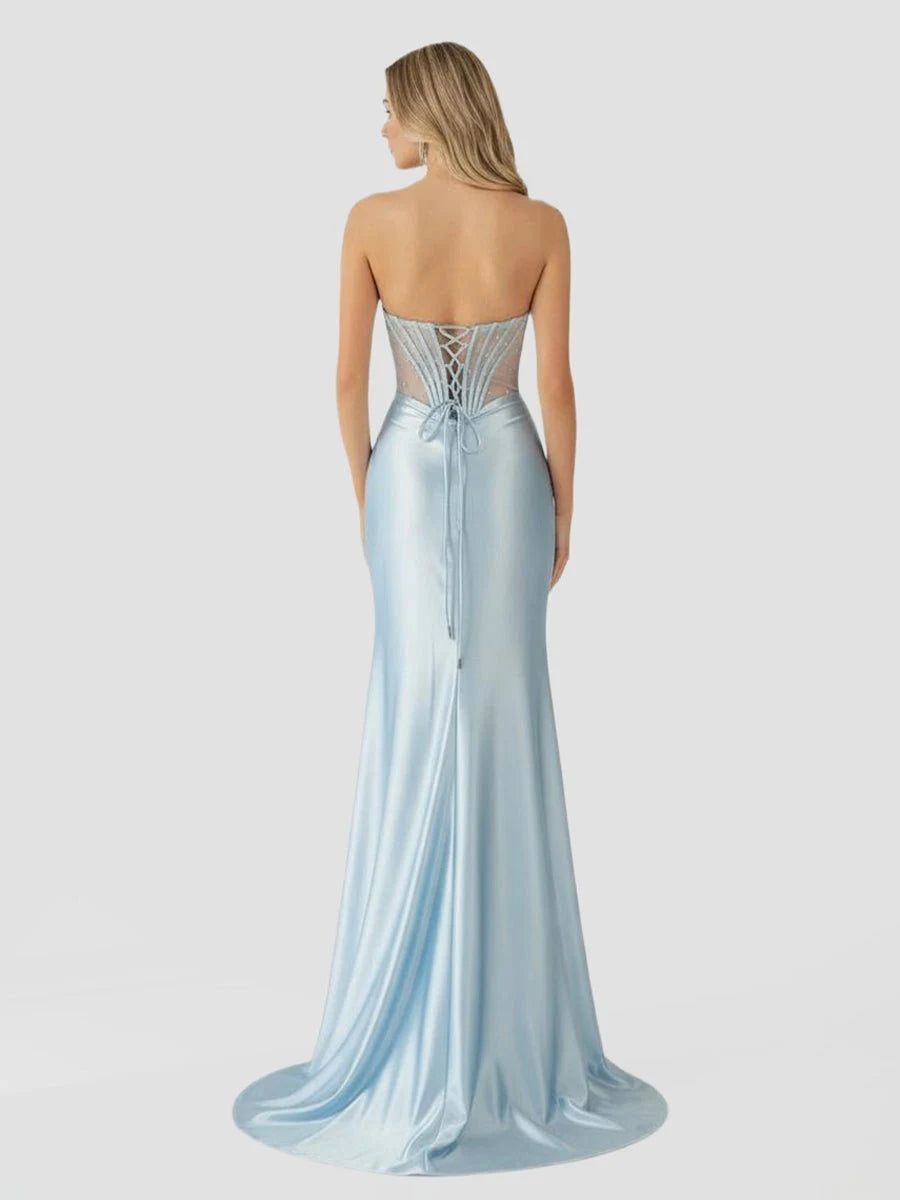 Elegant Sheath Sweetheart Sleeveless Corset Slit Blue Maxi Prom Dresses Women