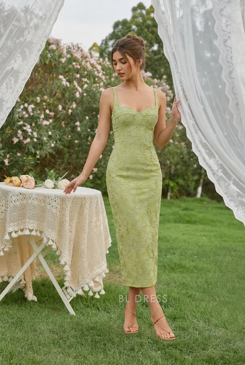 Elegant Sheath Sweetheart Sleeveless Textured Floral Sage Green Midi Prom Gown