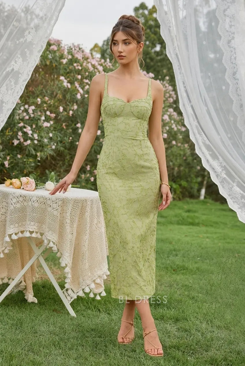 Elegant Sheath Sweetheart Sleeveless Textured Floral Sage Green Midi Prom Gown