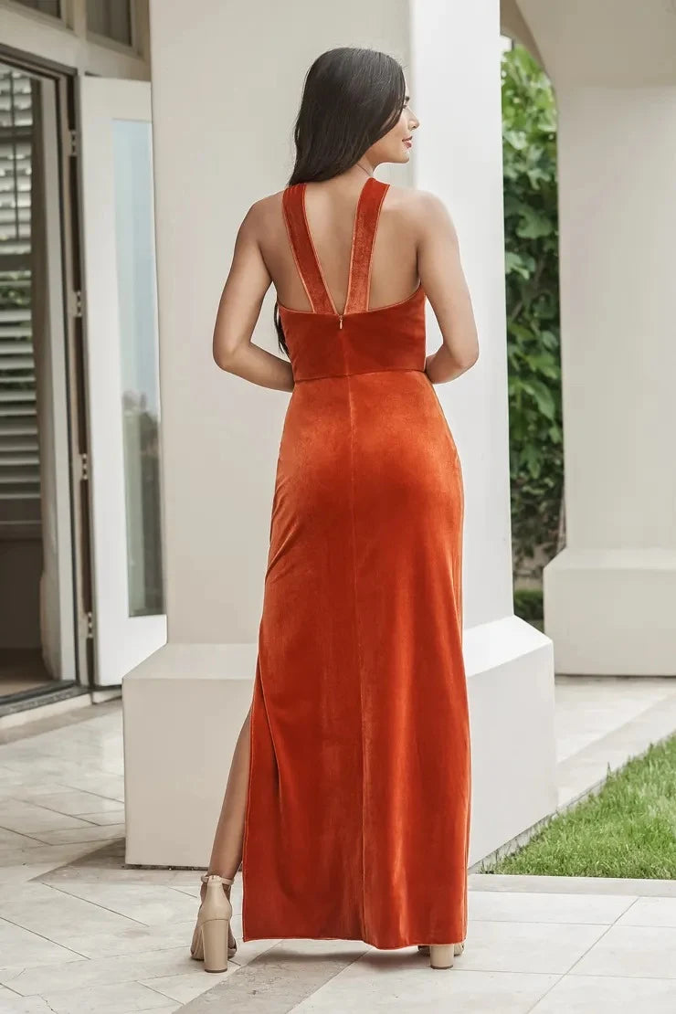 Elegant Sheath Twisted Halter Sleeveless Glamorous Burnt Orange Floor-Length Prom Dresses Women's Gown
