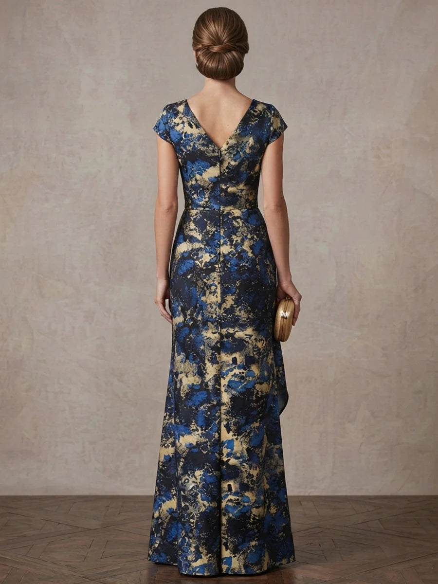 Elegant Sheath V-Neck Cap-Sleeve Draped Blue Maxi Mother Of Bride Dress
