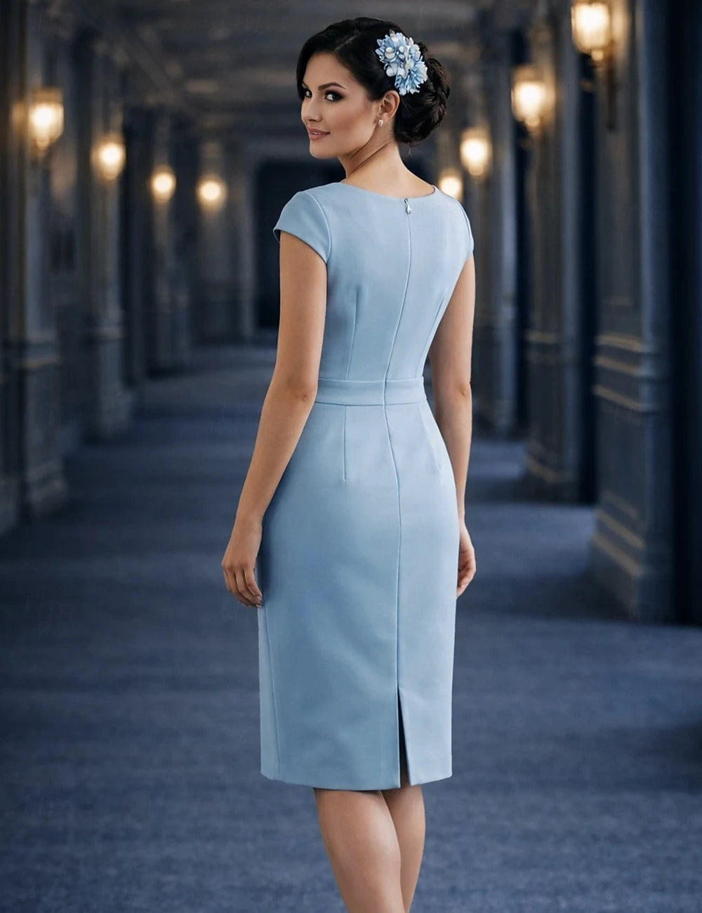 Elegant Sheath V-Neck Cap Sleeve Ruched Light Blue Midi Prom Dress.