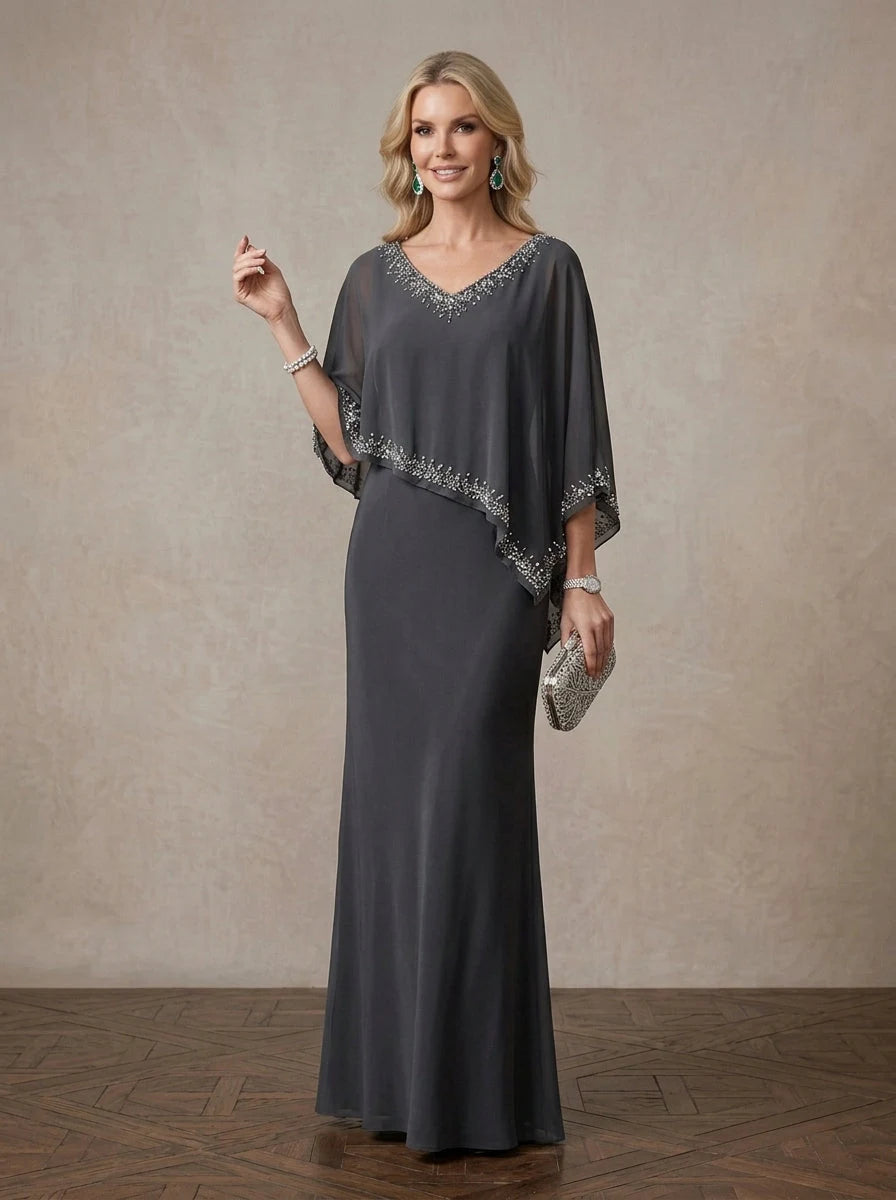 Elegant Sheath V-Neck Cape Beaded Grey Maxi Mother of the Bride Dress