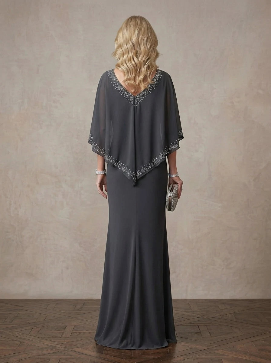 Elegant Sheath V-Neck Cape Beaded Grey Maxi Mother of the Bride Dress