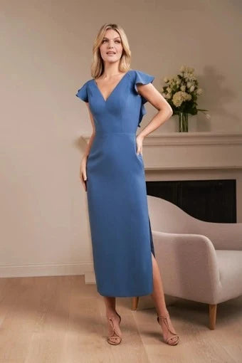 Elegant Sheath V-Neck Flutter Sleeve Back Bow Blue Midi Prom Dress