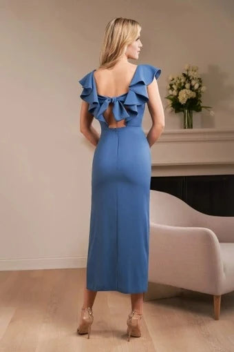 Elegant Sheath V-Neck Flutter Sleeve Back Bow Blue Midi Prom Dress