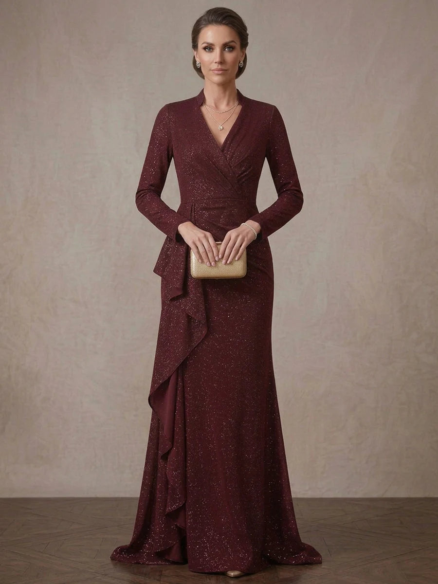 Elegant Sheath V-Neck Long-Sleeve Cascading-Ruffle Burgundy Floor-Length Mother Of Bride Dress