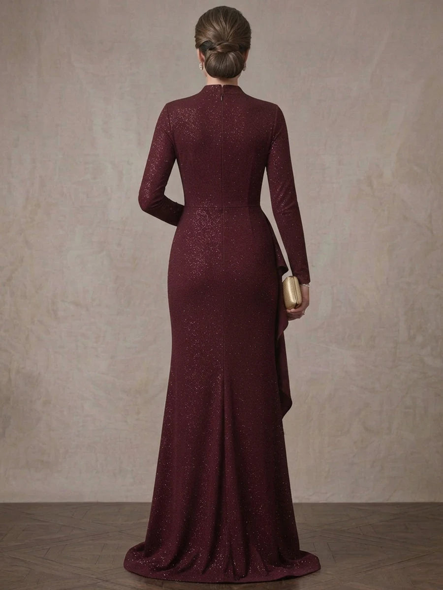Elegant Sheath V-Neck Long-Sleeve Cascading-Ruffle Burgundy Floor-Length Mother Of Bride Dress