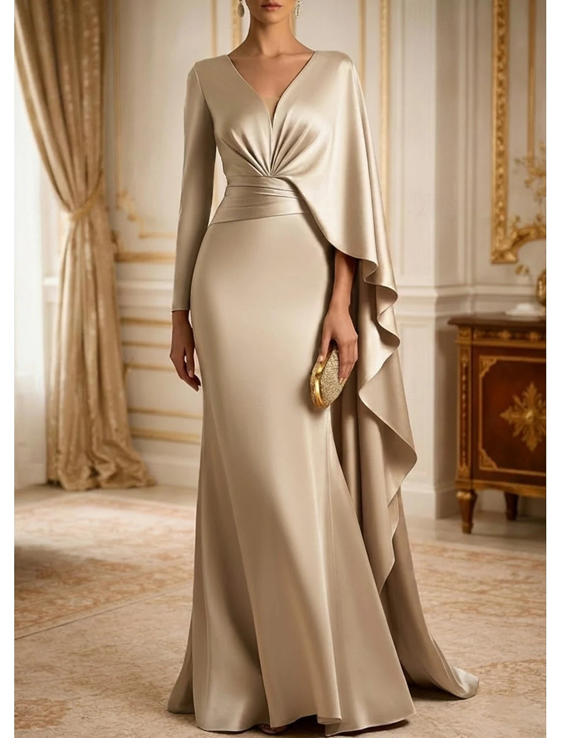 Elegant Sheath V-Neck Long Sleeve Draped Champagne Floor-Length Evening Dresses Gown