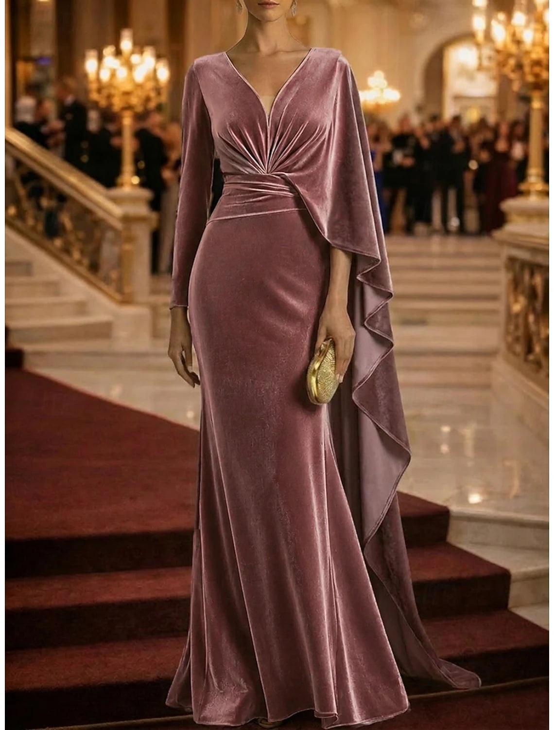 Elegant Sheath V-Neck Long Sleeve Draped Dusty Rose Floor-Length Evening Gown