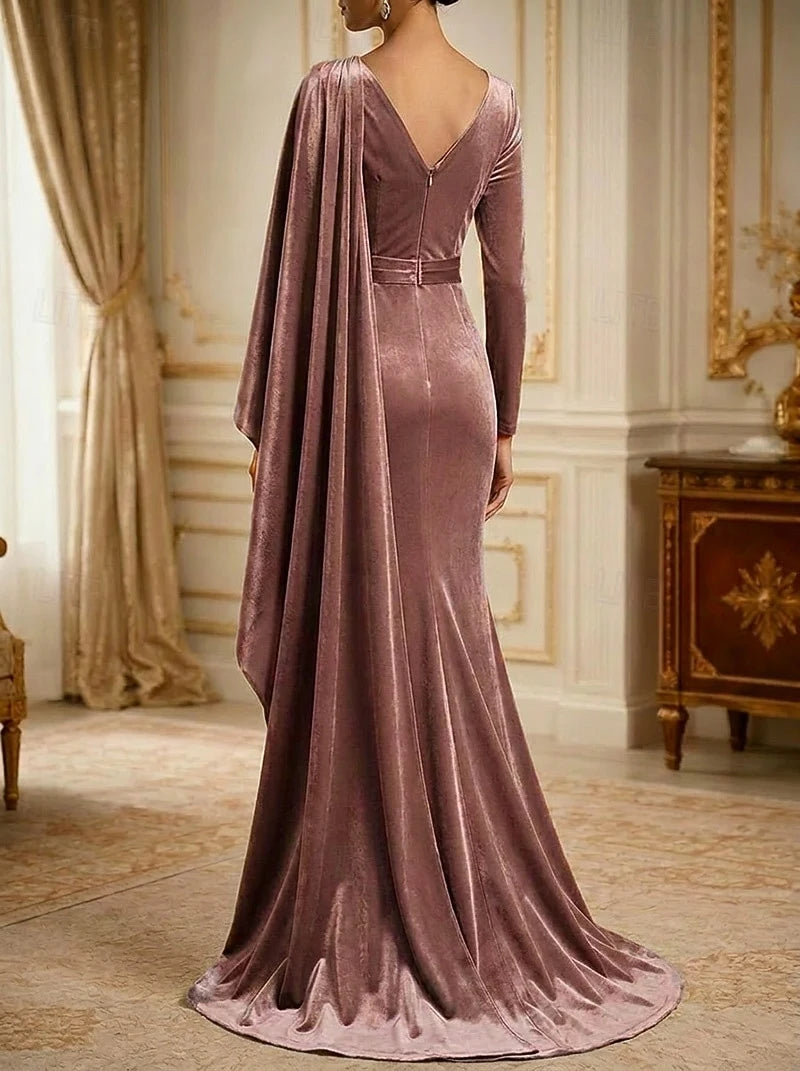 Elegant Sheath V-Neck Long Sleeve Draped Dusty Rose Floor-Length Evening Gown