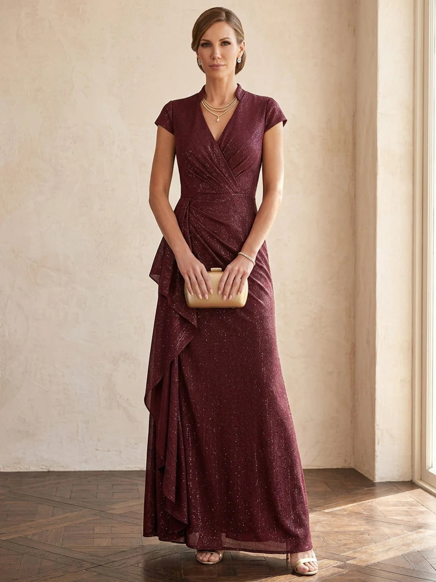 Elegant Sheath V-Neck Short-Sleeve Ruched-Draped Burgundy Long Mother-of-the-Bride Dress Women Gown