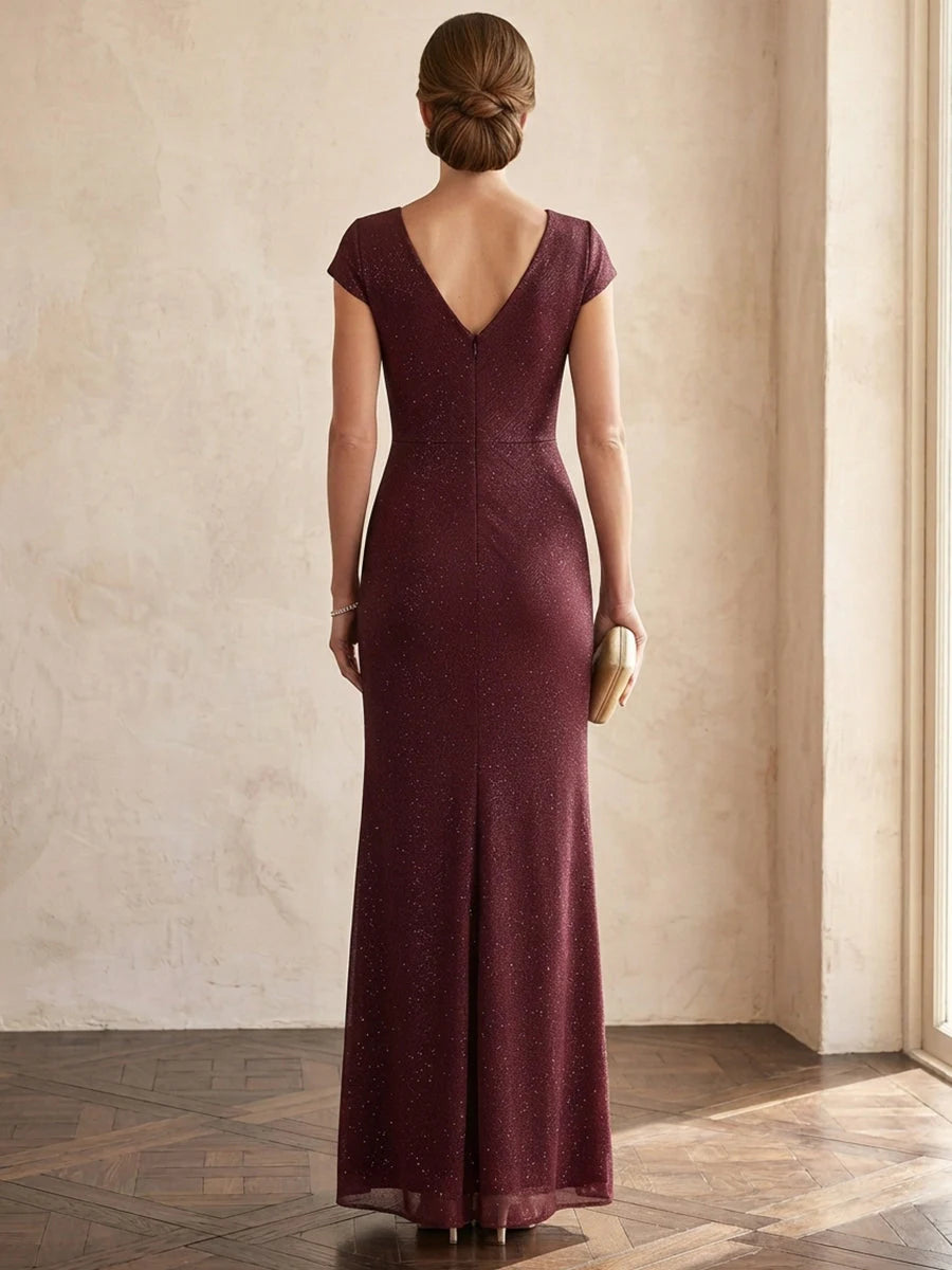 Elegant Sheath V-Neck Short-Sleeve Ruched-Draped Burgundy Long Mother-of-the-Bride Dress Women Gown