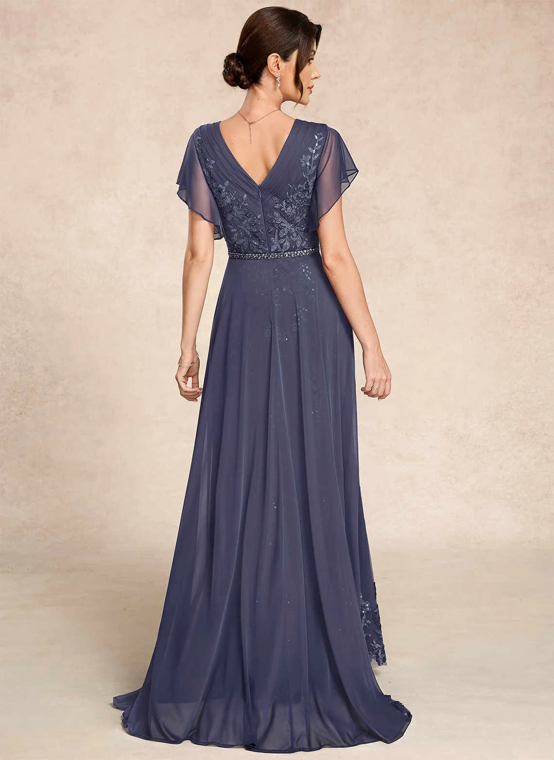 Elegant Sheath V-Neck Short-Sleeve Slit Embroidered Blue Maxi Mother-Of-The-Bride Women Dress