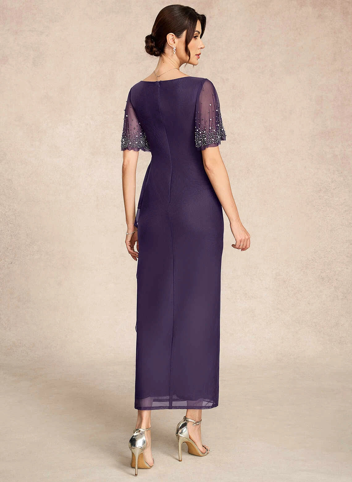 Elegant Sheath V-Neck Sleeved Beaded Purple Mother Of The Bride Dress