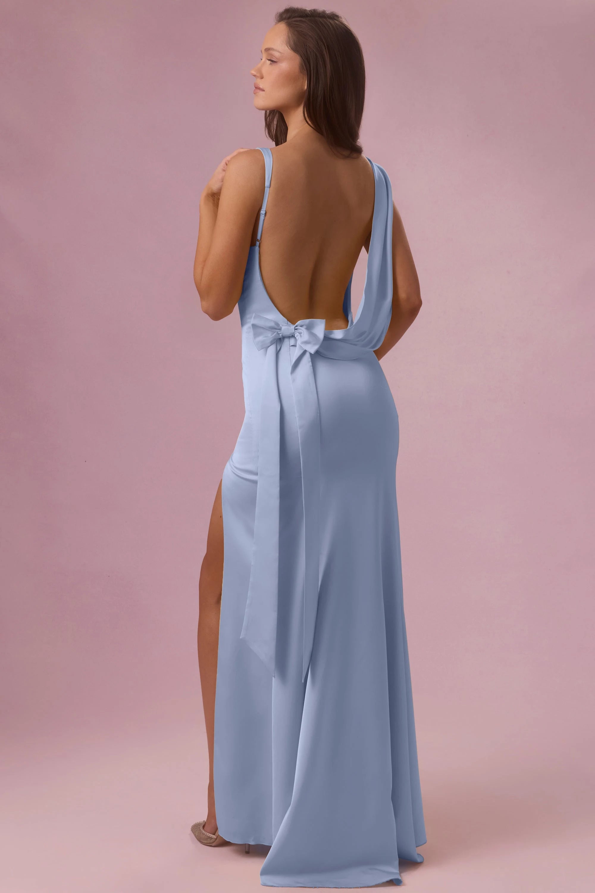 Elegant Sheath V-Neck Sleeveless High Slit Open Back Periwinkle Floor-Length Prom Gown