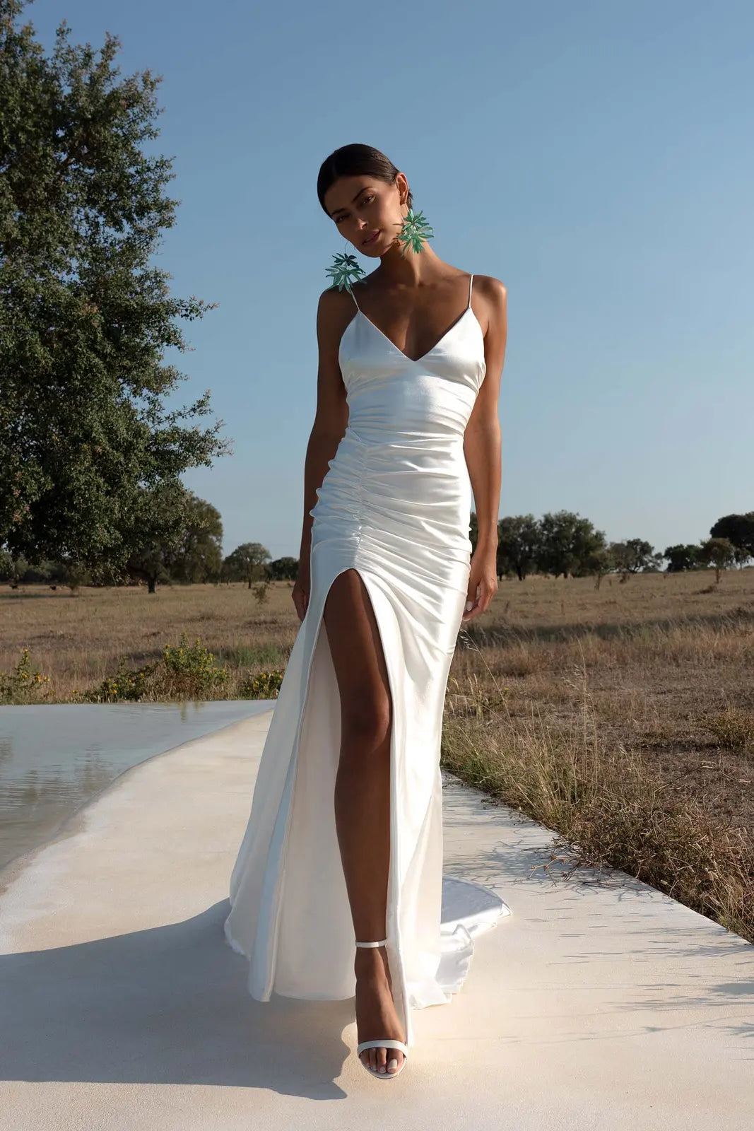 Elegant Sheath V-Neck Sleeveless Ruched Slit White Floor-Length Wedding Gown