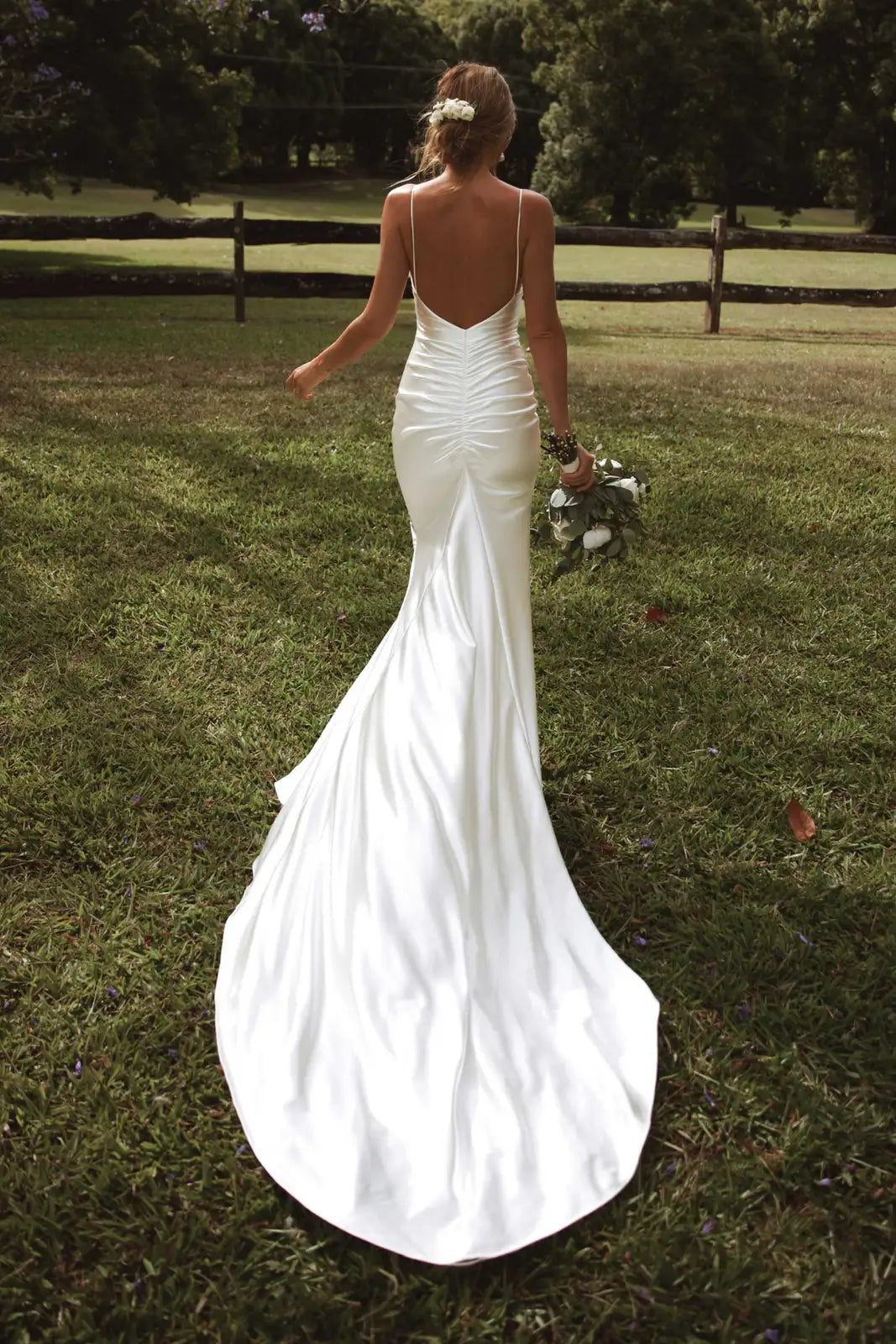 Elegant Sheath V-Neck Sleeveless Ruched Slit White Floor-Length Wedding Gown