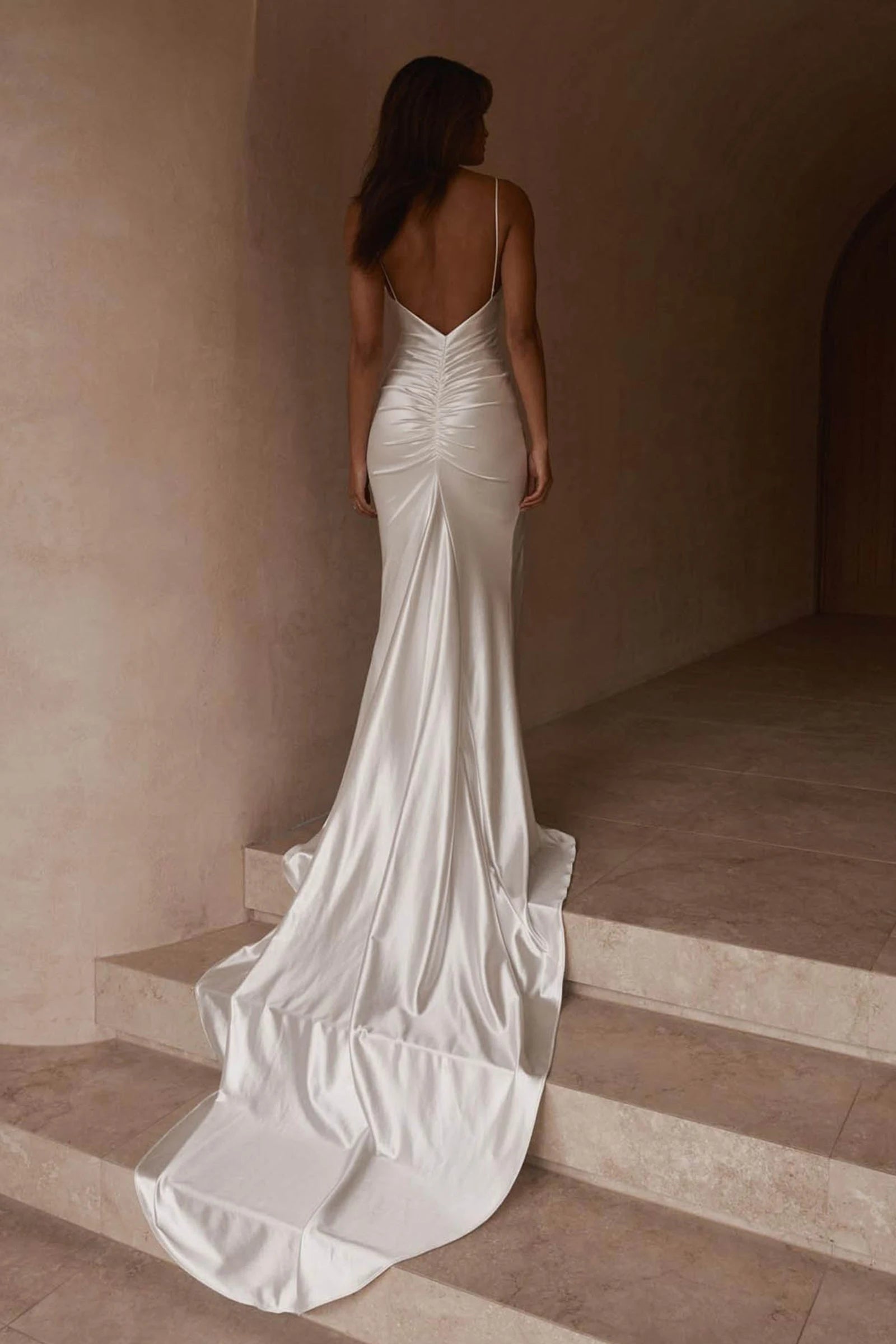 Elegant Sheath V-Neck Sleeveless Ruched Slit White Floor-Length Wedding Gown