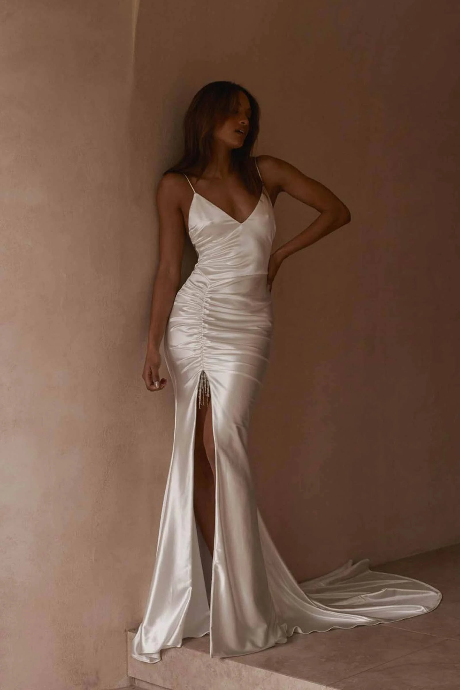Elegant Sheath V-Neck Sleeveless Ruched Slit White Floor-Length Wedding Gown